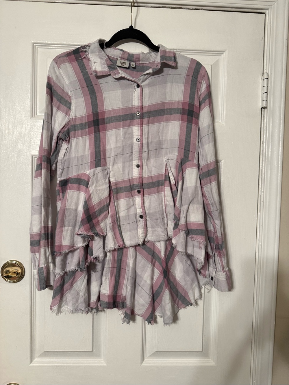 True Craft Pink and Gray Plaid Button-Up Top